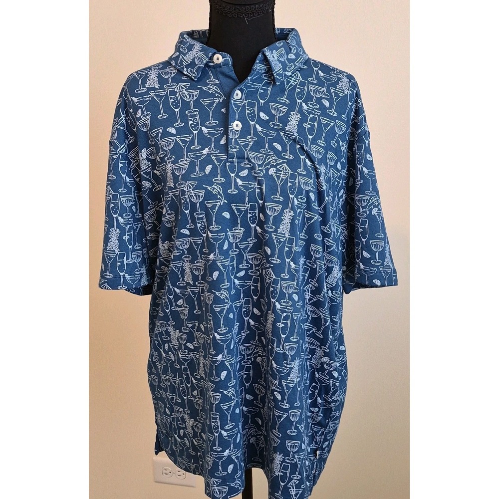 Tommy Bahama Polo Shirt Blue All Over Print Martini Glass Party Cocktail Size L